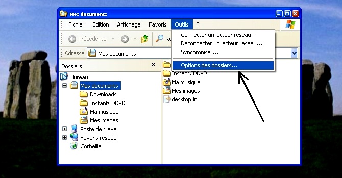 Accès à l'option des dossiers sous Windows XP